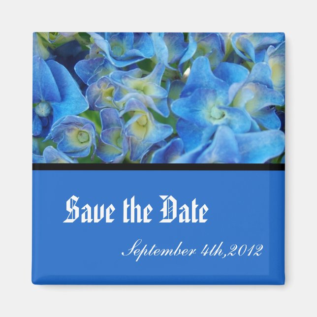 Imán guarda la fecha, flores de hortensia azules (Frente)