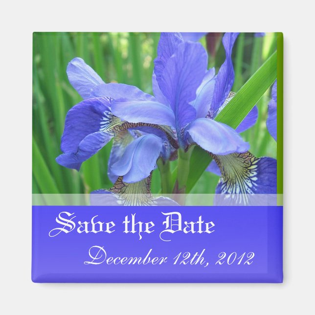 Imán Guarda la fecha, flores de iris azules de primaver (Frente)
