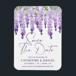 Imán Guardar la fecha acuarela Wisteria Lilac Boda<br><div class="desc">Save The Date Watercolor Wisteria Lilac Wedding Save The Date Magnets incluye elegantes flores de glicinia en lila suave, lavanda y púrpura con hojas verdes en un fondo blanco con la información de Save The Date debajo. Personalice editando el texto en los cuadros de texto proporcionados. Diseñado por ©Evco Studio...</div>