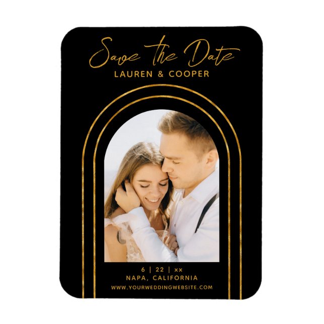 Imán Guardar la fecha Black Gold Elegante Art Deco Boda (Vertical)