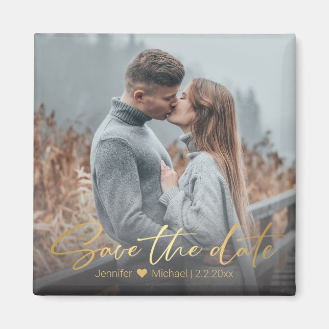 Imán guardar la fecha, boda de escritura a mano dorada  (Frente)