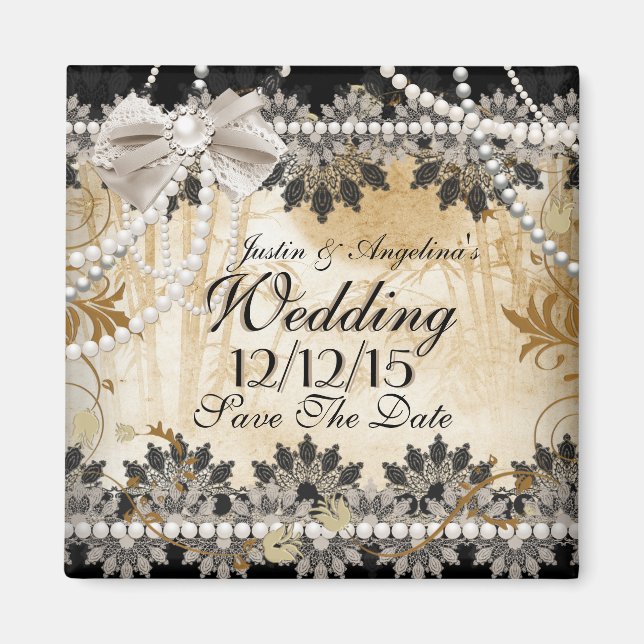 Imán Guardar La Fecha Boda Negro Cream Beige (Frente)