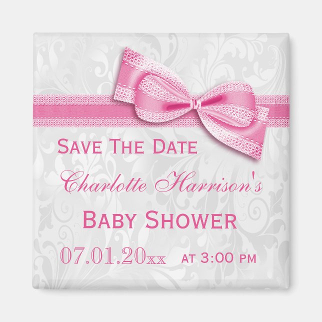 Imán Guardar la fecha de baby shower de damasco blanco  (Frente)