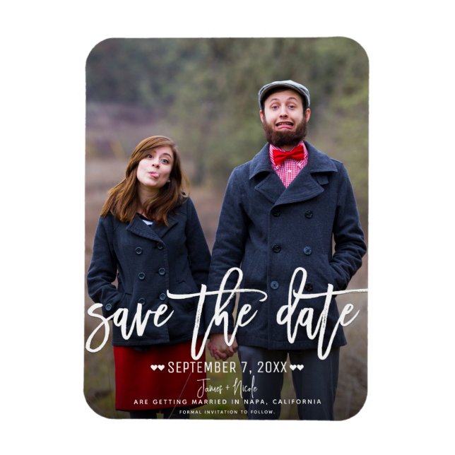Imán Guardar la fecha de boda con foto moderna en letra (Vertical)