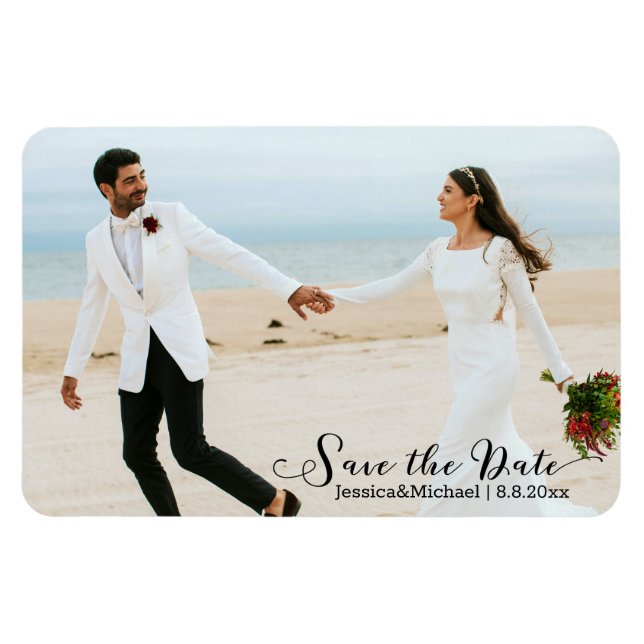 Imán guardar la fecha, elegante foto boda manuscrita (Horizontal)