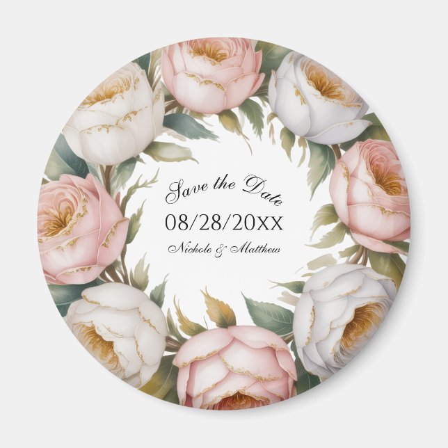 Imán Guardar la fecha floral de rosa blush y marfil (Frente)