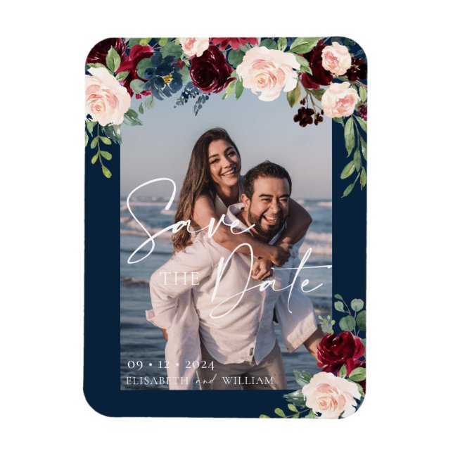 Imán Guardar la fecha Foto Navy Burgundy y Blush (Vertical)