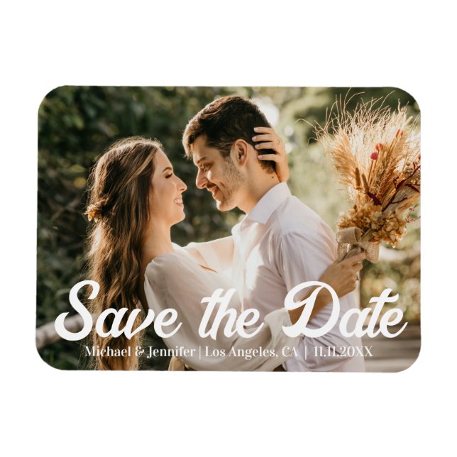 Imán guardar la fecha moderna caligrafía a mano boda fo (Horizontal)