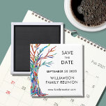 Imán Guardar la reunión de la familia de árboles arcoir<br><div class="desc">Pídele a su familia que salve la fecha para su reunión familiar con este imán elegante. Cuenta con un colorido árbol familiar que se hizo originalmente en mosaico de vidrio. Personalizable fácil con tus detalles. Utilice la opción Personalizar adicional para cambiar el tamaño, estilo o color del texto si lo...</div>