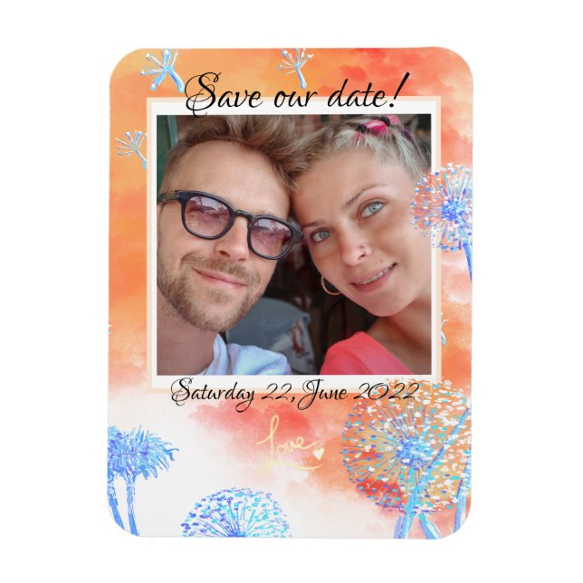 Imán Guardar nuestra fecha Dandelion y nubes acuarelas (Vertical)