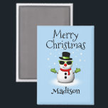 Imán Guay Snowman Merry Christmas Winter Custom name<br><div class="desc">Guay Snowman Merry Christmas Winter Custom nombre imán. Personalizar lindo y único regalo de niño. Ilustracion de un muñeco de nieve fresco con gafas de sol y guantes verdes,  bufanda roja y sombrero de top negro sobre azul claro.</div>