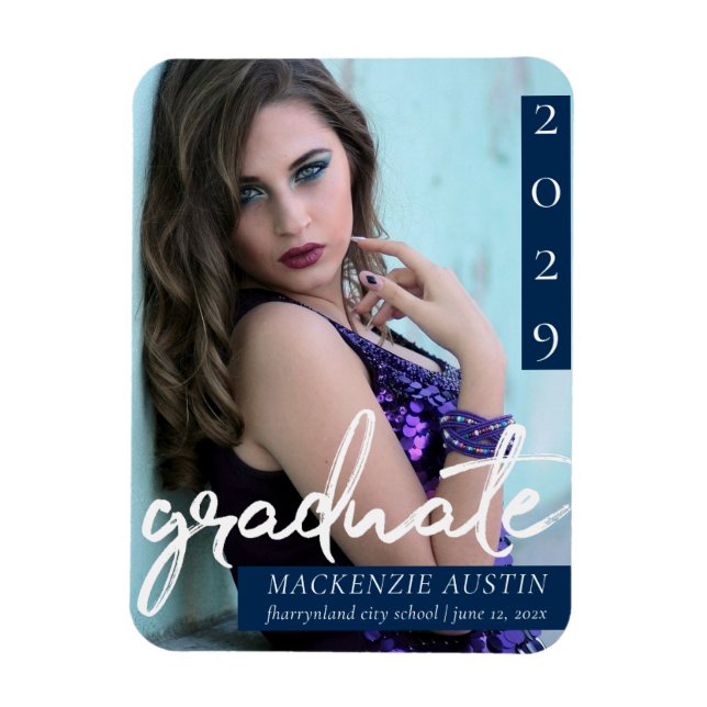 Imán Guión de graduación | Keepsake de foto azul de la  (Vertical)