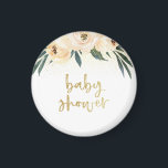 Imán Guión dorado Baby Shower Rubor Floral rosa<br><div class="desc">Este imán presenta "baby ducha" en un alfabeto moderno enmarcado por tres flores rosa rubor y confetti dorado.</div>