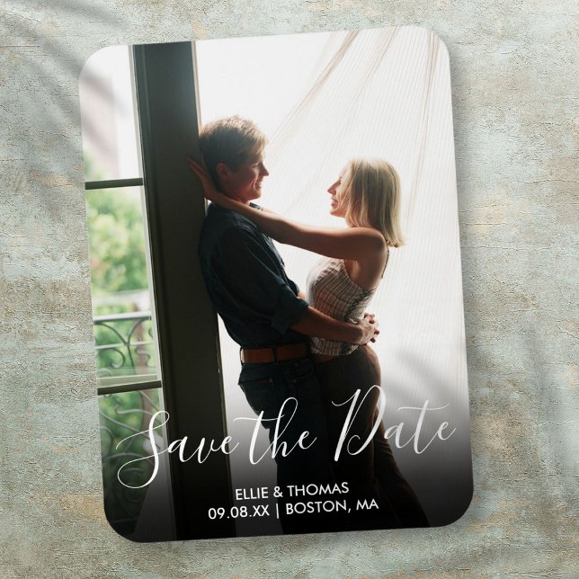 Imán Guión elegante de guardar la fecha de la boda con  (Elegant Save the Date Script Photo Wedding Magnet)