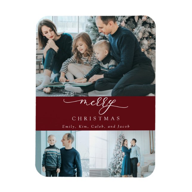 Imán Guión mínimo moderno 3 foto Feliz Navidad Rojo (Vertical)