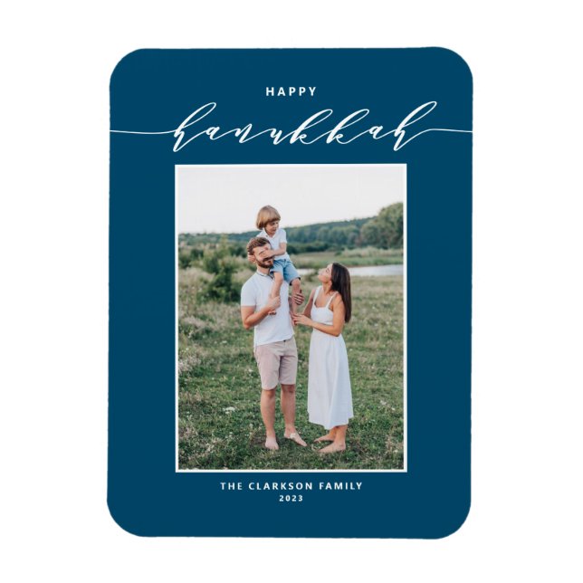 Imán Guión moderno azul Feliz foto de Hanukkah (Vertical)