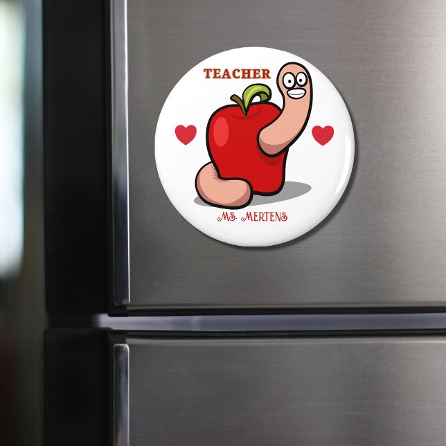 Imán Gusano de agradecimiento del profesor en Apple Aña (Teacher Appreciation Worm in Apple Add Name magnet)