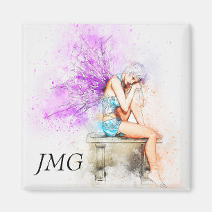 Imán Hada acuarela en azul con monograma