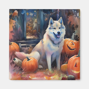 Imán Halloween Alaskan Malamute con calabazas aterrador