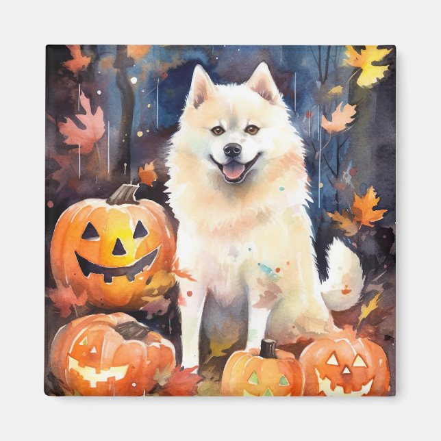 Imán Halloween American Akita con calabazas aterradoras (Frente)