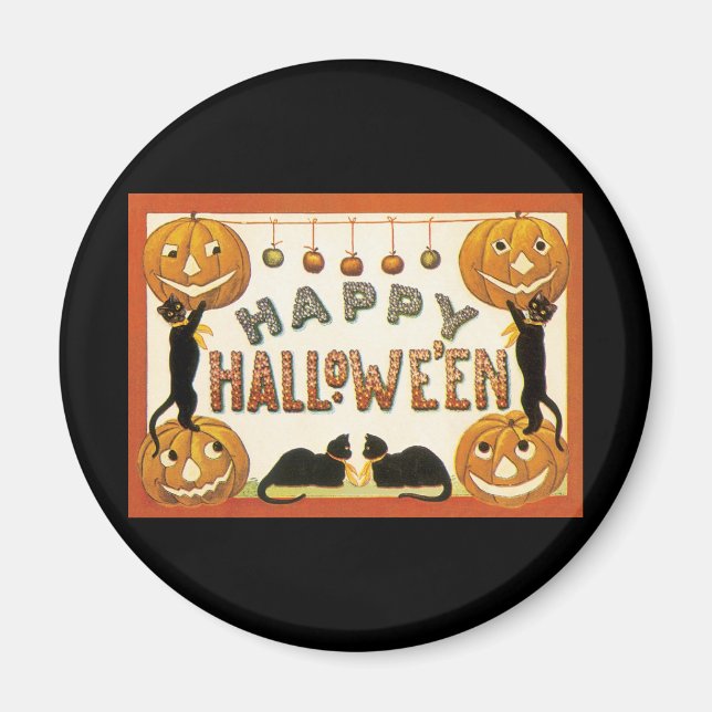 Imán Halloween antiguo, gatos negros con Jackolanterns (Frente)