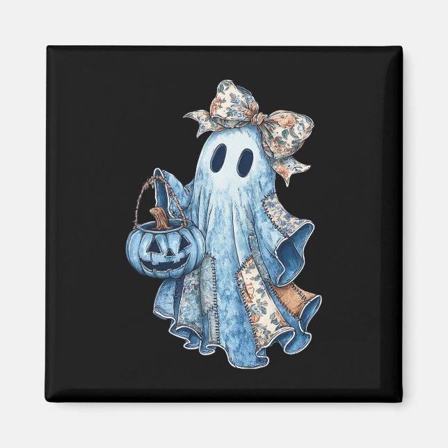 Imán Halloween azul denim fantasma fantasma fantasma fa (Frente)