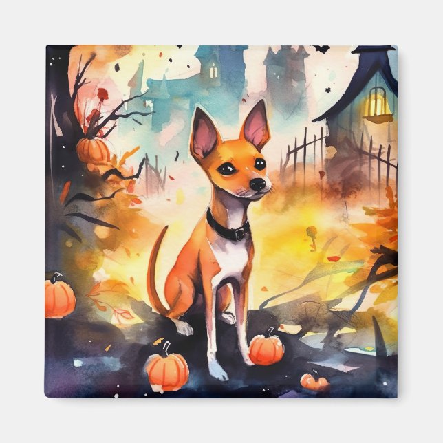 Imán Halloween Basenji con calabazas temerosas (Frente)