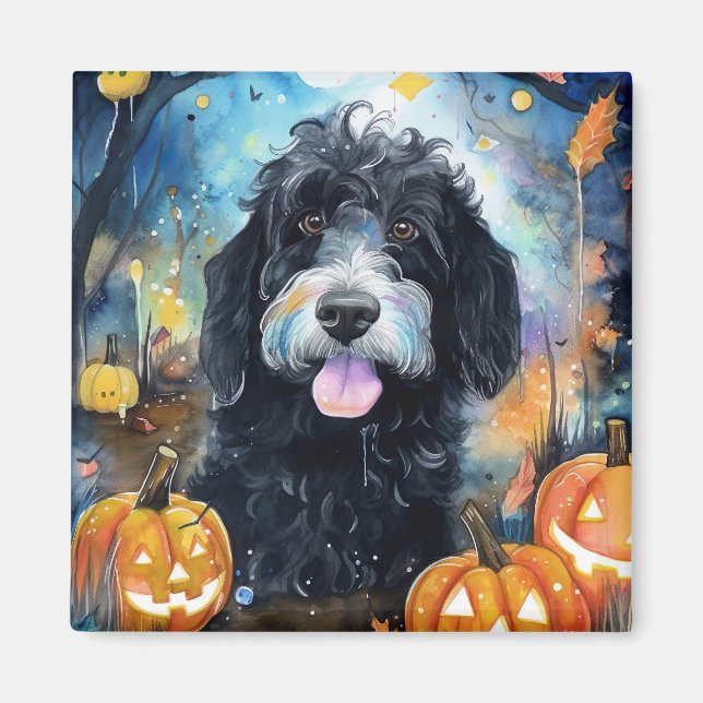 Imán Halloween Bernedoodle Con Calabazas Asustadas (Frente)