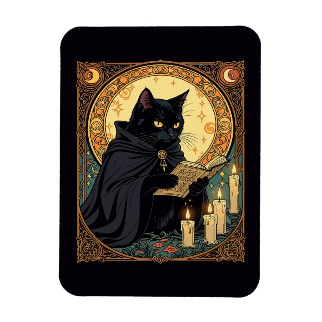 Imán Halloween Black Cat Reading A Book (Vertical)