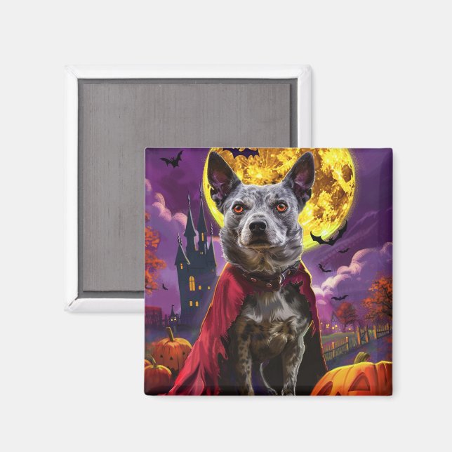 Imán Halloween Blue Heeler Perro Calabazas Espantoso  (Anverso/Reverso)