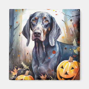Imán Halloween Bluetick Coonhound con calabazas aterrad