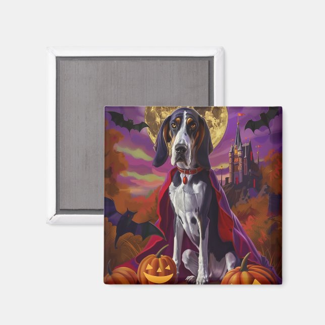 Imán Halloween Bluetick Coonhound Dog Pumpkins Scarnio (Anverso/Reverso)