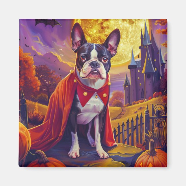 Imán Halloween Boston Terrier Dog Pumpkins Scary (Frente)