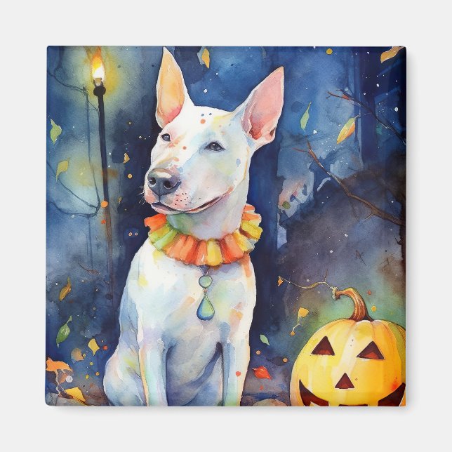 Imán Halloween Bull Terrier con calabazas aterradoras (Frente)