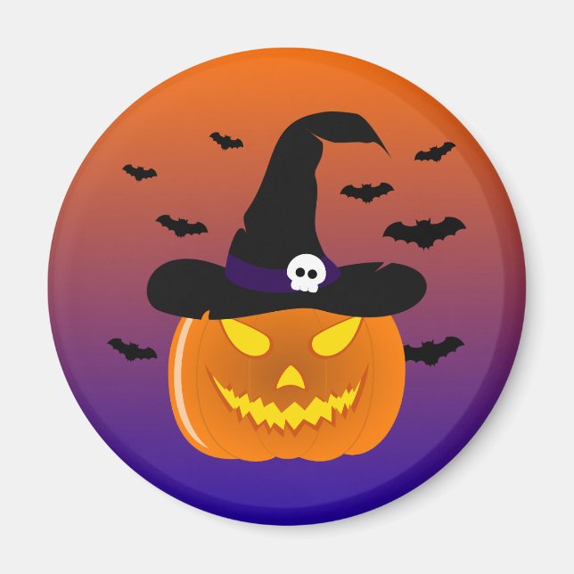 Imán Halloween Calabaza Jack o’ Lantern Witch Gorra (Frente)