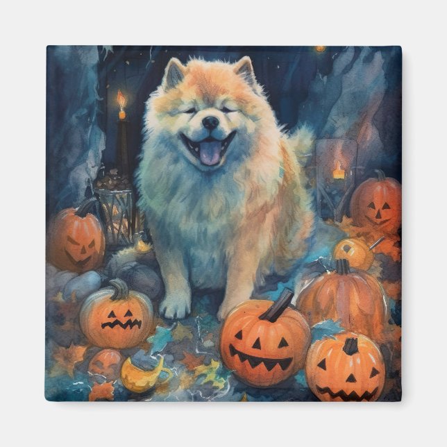 Imán Halloween Chow Chow Con Calabazas Asustadas (Frente)
