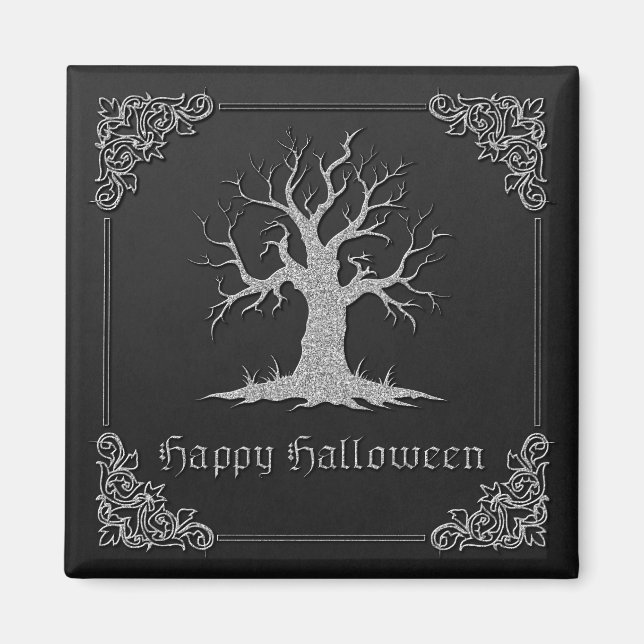 Imán Halloween con árbol plateado (Frente)
