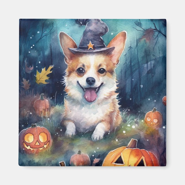 Imán Halloween Corgi con calabazas aterradoras (Frente)