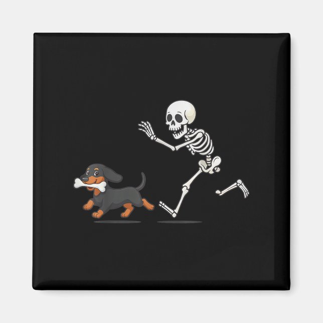 Imán Halloween Dachshund Gracioso Skeleton persiguiendo (Frente)