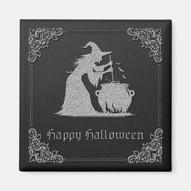 Imán Halloween de Brujas y Calderones Plateados (Frente)