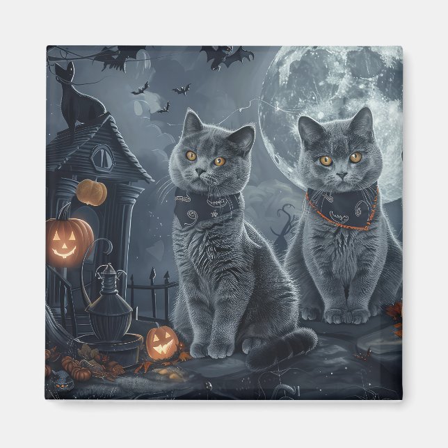 Imán Halloween de gatos azules rusos espeluznante (Frente)