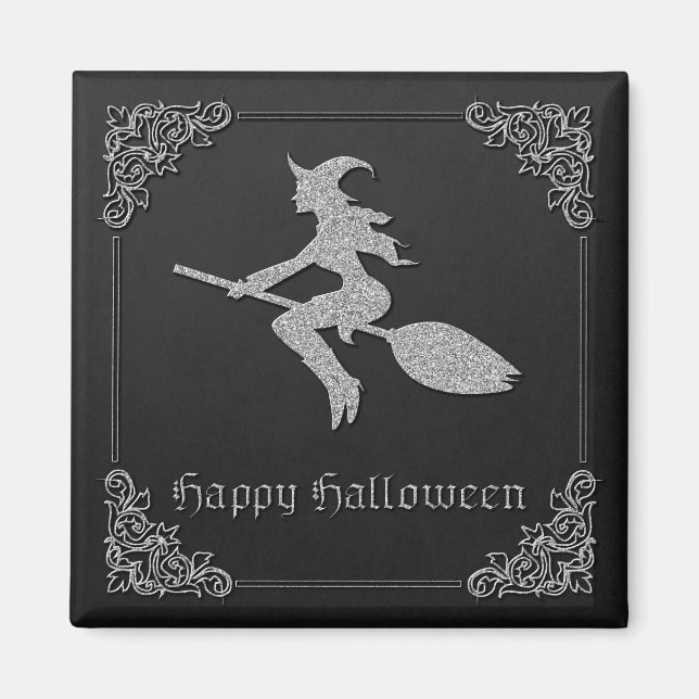 Imán Halloween de la Bruja Voladora de Plata (Frente)
