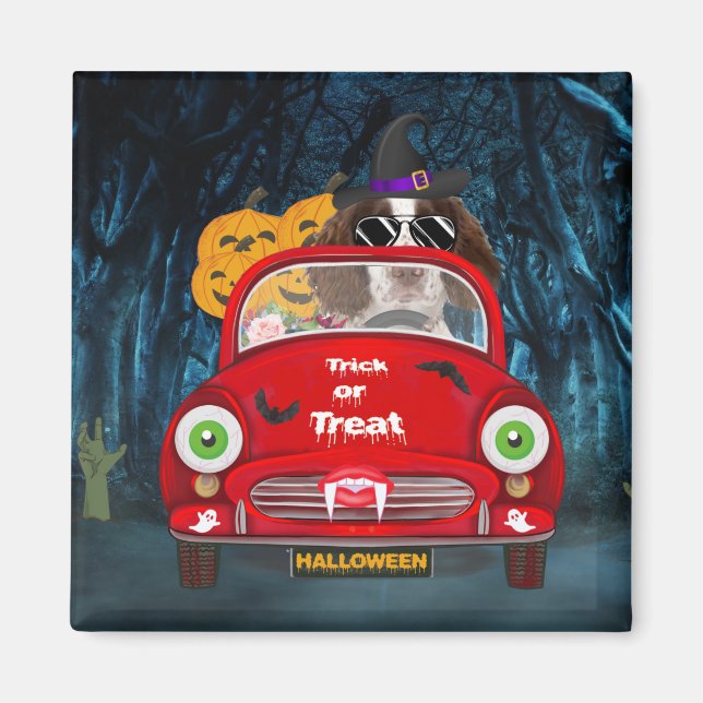 Imán Halloween de miedo en auto de perrito español Spri (Frente)