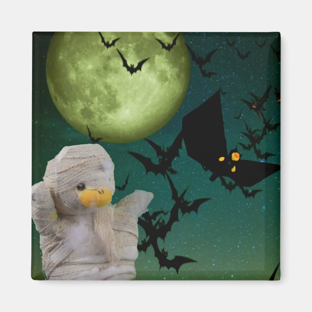 Imán Halloween de momia, murciélago y luna (Frente)