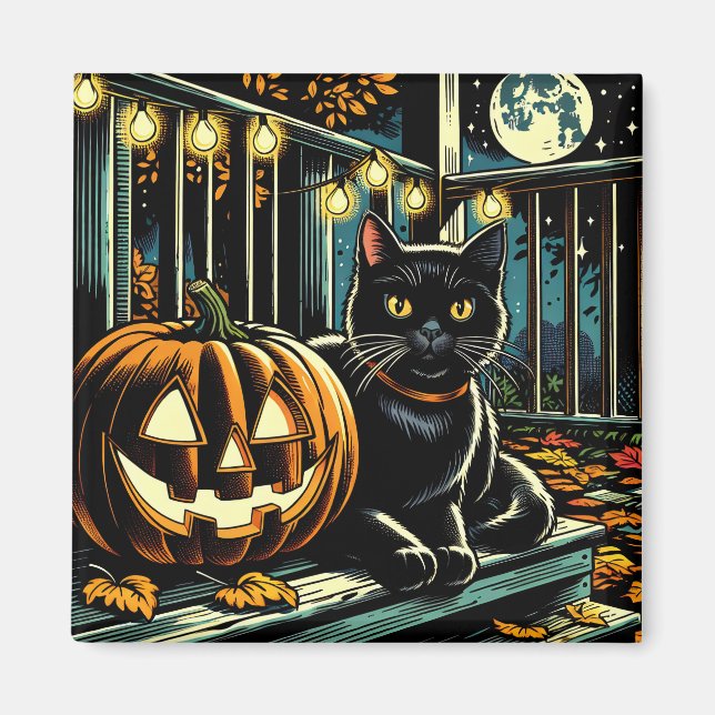 Imán Halloween del gato negro y el Jack-O-Lantern (Frente)