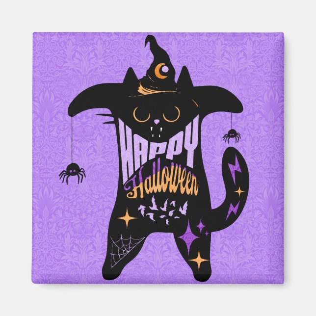 Imán Halloween divertido de bruja de gato negro retro (Frente)