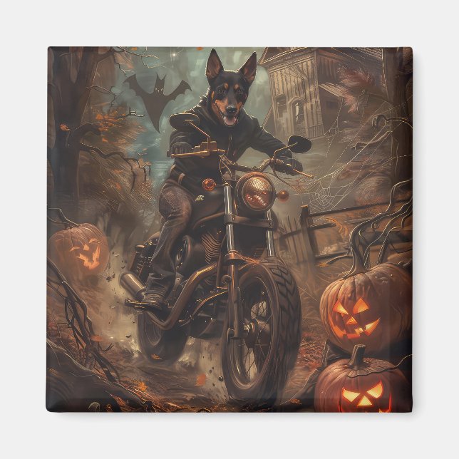 Imán Halloween en la motocicleta Kelpie australiana (Frente)