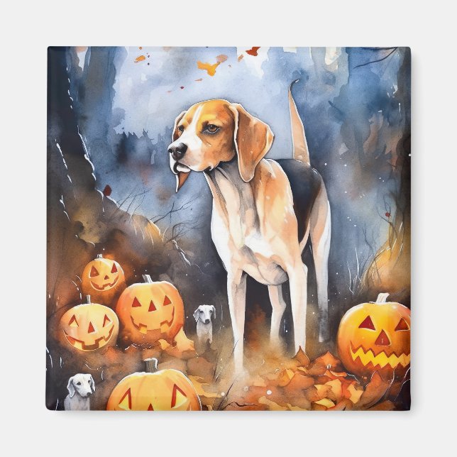 Imán Halloween Foxhound American English con calabazas (Frente)