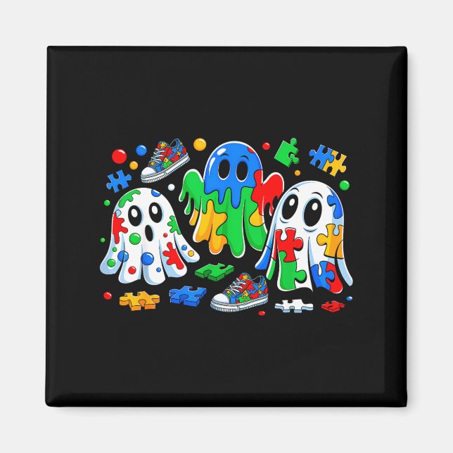 Imán Halloween Ghost Colorful Puzzle Ribbon Autism Awar (Frente)