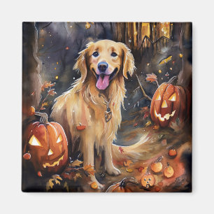 Imán Halloween Golden Retriever con calabazas aterrador